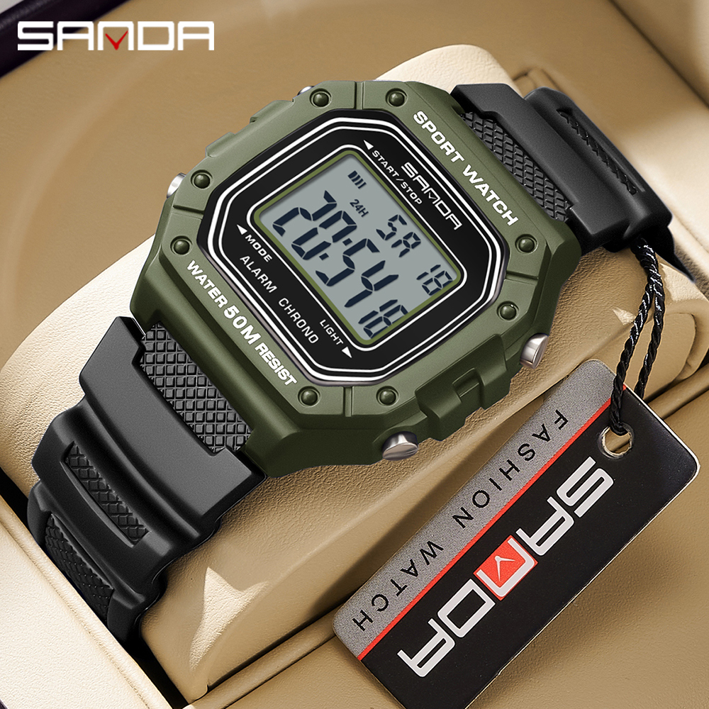 SANDA 2156 Herrenuhr, neues Modell, elektronisches digitales Uhrwerk, rechteckiges LED-Anzeige, Zifferblatt, draussen-Sport, wasserdichte männliche Armbanduhr