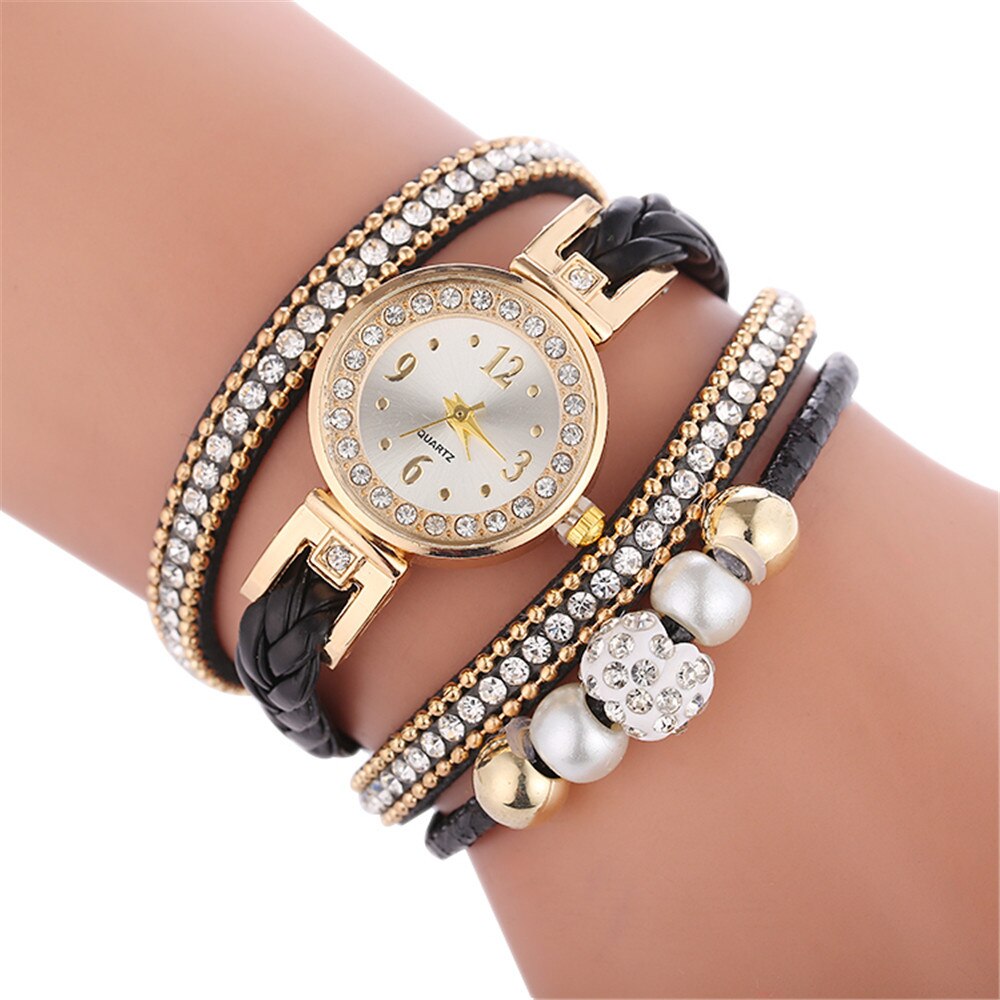 Vrouwen Lederen Dames Quartz Horloge Horloges Mooie Metalen Hanger Dames Ronde Armband Horloge Klok Mode: B