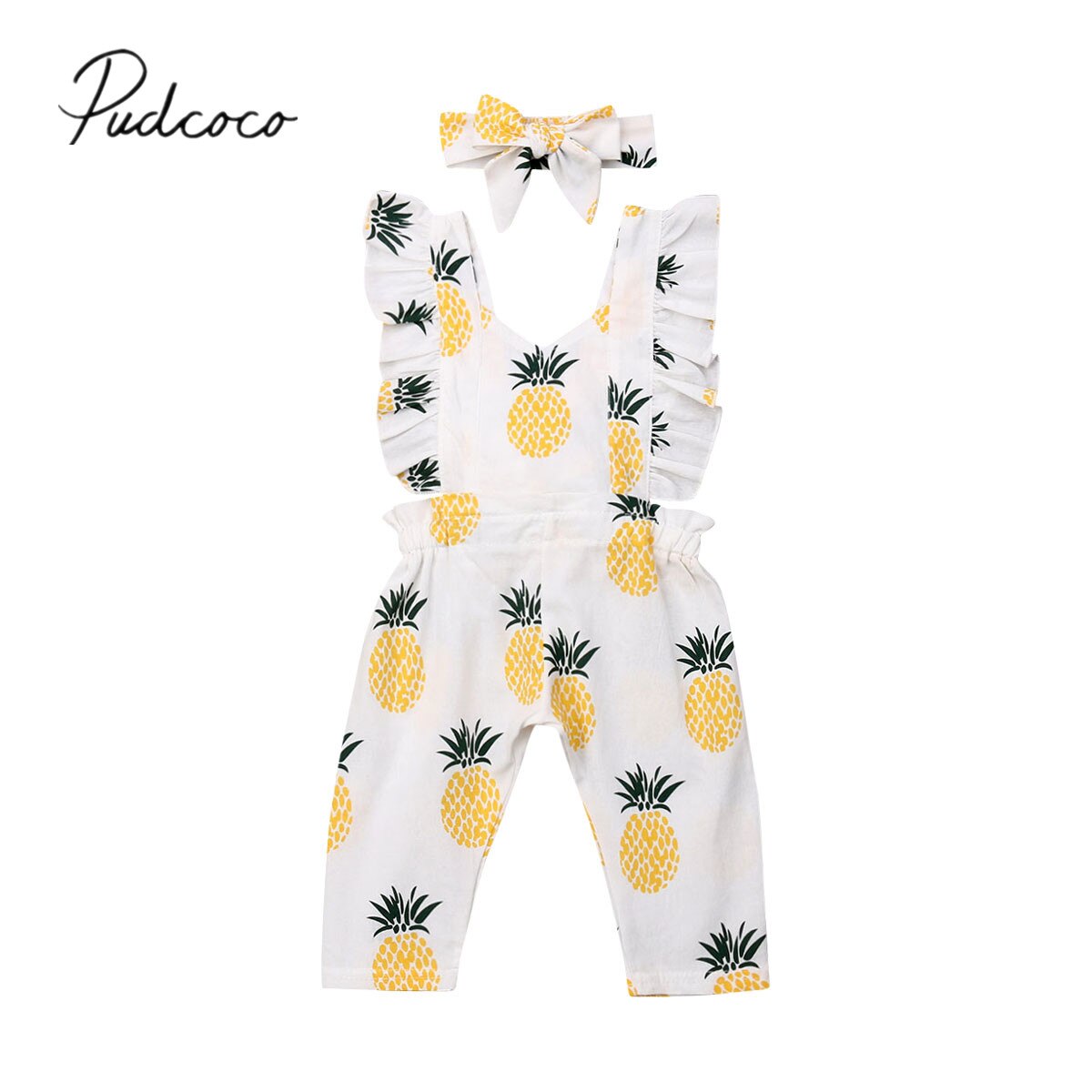 Baby Summer Clothing Newborn Baby Girl Boy Pineapple Romper Ruffle Sleeve Yellow Jumpsuit Headband Outfit Set 0-24M