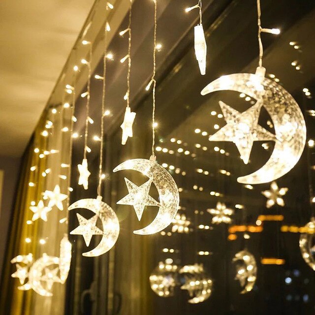 Moon Star Lamp LED Lamp String Ins Christmas Light Decoration Lights Curtain Lamp Wedding Neon Lantern Ramadan EId Decor: type-2 / Battery models