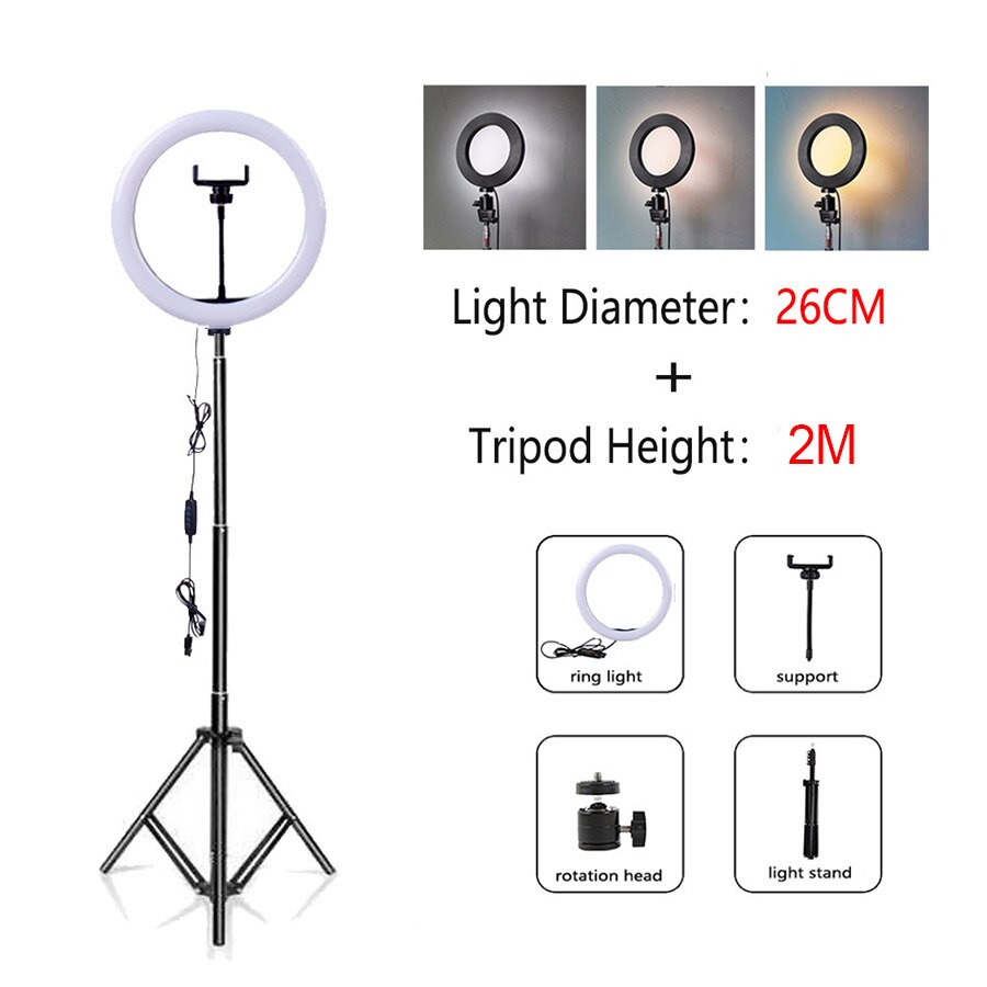 Mamen 33/26cm ringlamp met standaard voor telefoon, dimbare led selfie ringlamp met statief, usb selfie licht fotografie ringlamp: L26cm-t2m
