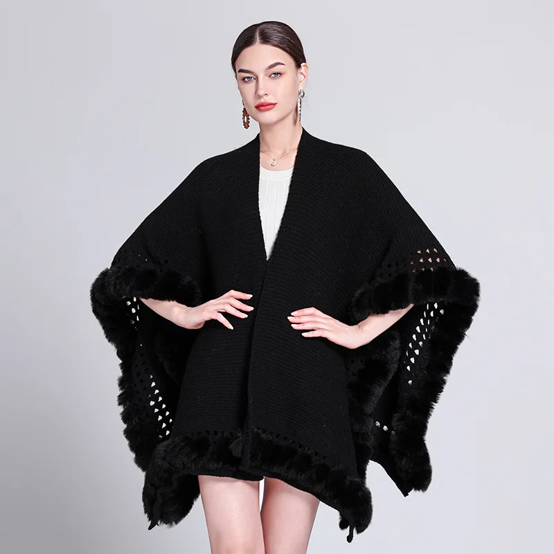 Herfst Winter Warme Oversized Lange Poncho Capes Koord Faux Bont Uitgehold Gebreide Outstreet Sjaal Mantel Vrouwen Dragen Losse Jas: Black