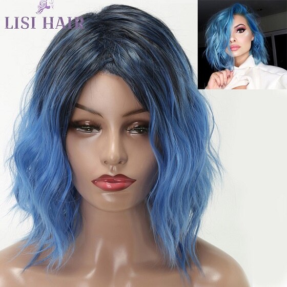 Lisi hiukset 12 tuuman lyhyet hiukset peruukki naiselle aaltoilevat hiukset synteettiset peruukit korkean lämpötilan kuituperuukit musta ombre sininen cosplay: 9349