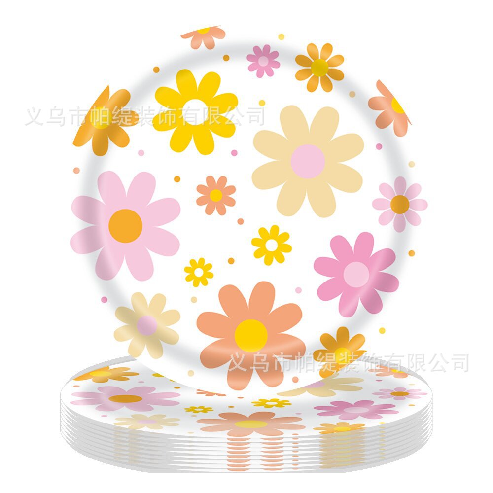 Flower Party Tableware Set Boho Birthday Decorations Daisy Paper Plates Cups Napkins Happy Birthday Party Tableware Party: Fluorescence Yellow