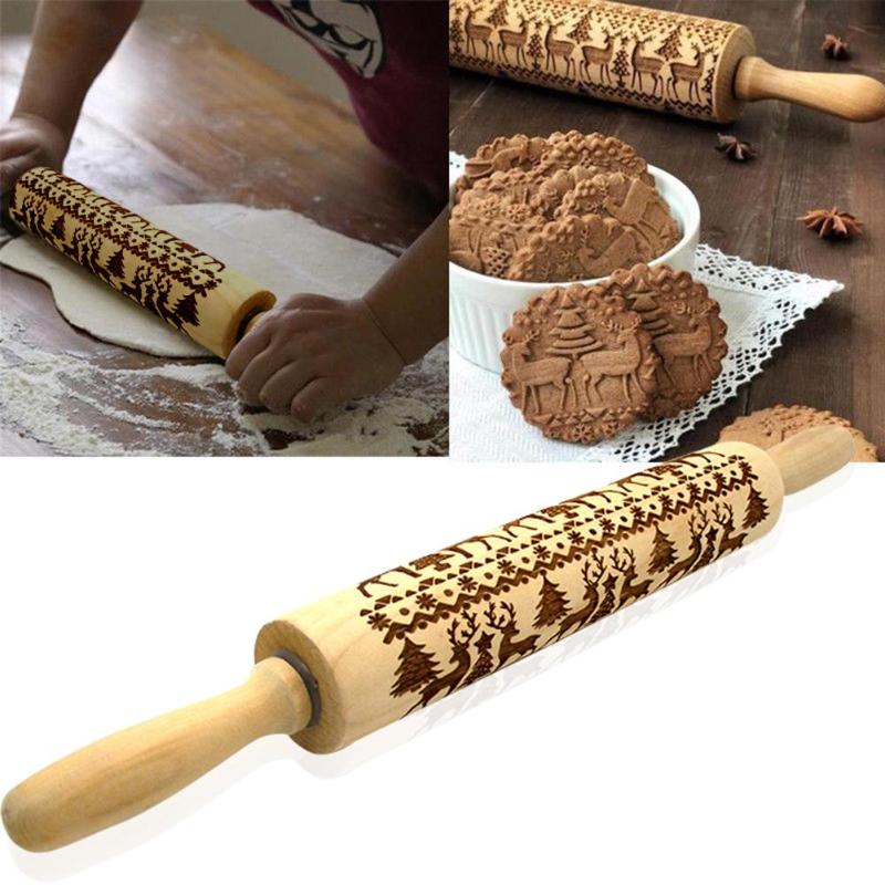 Kerst Embossing Rolling Pin Hout Rendier Gegraveerde Roller Koekjes Bakken Noodle Biscuit Fondant Taart Deeg Gegraveerde Roller