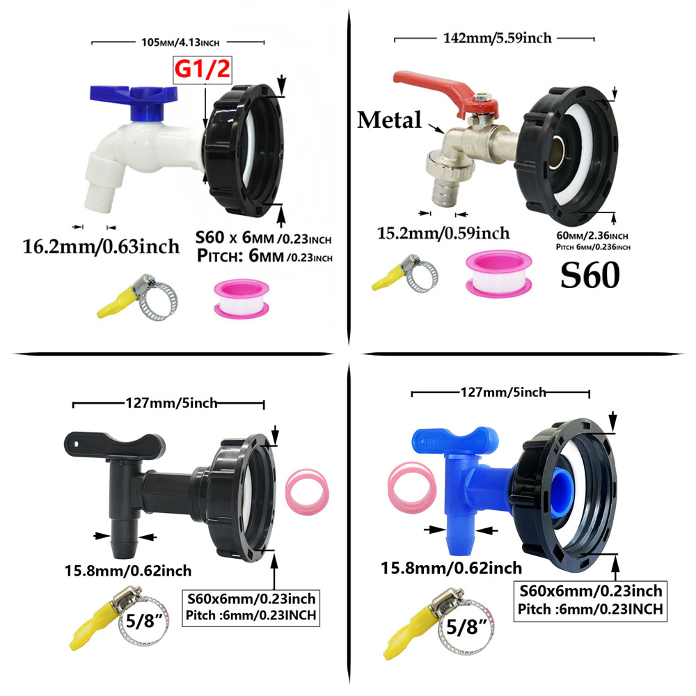 IBC Tank Tap Adapter S60 x 15mm 5/8 "Slangpilaar Sluit Kraan Legering Tank 1000 Liter IBC Tank Klep fitting