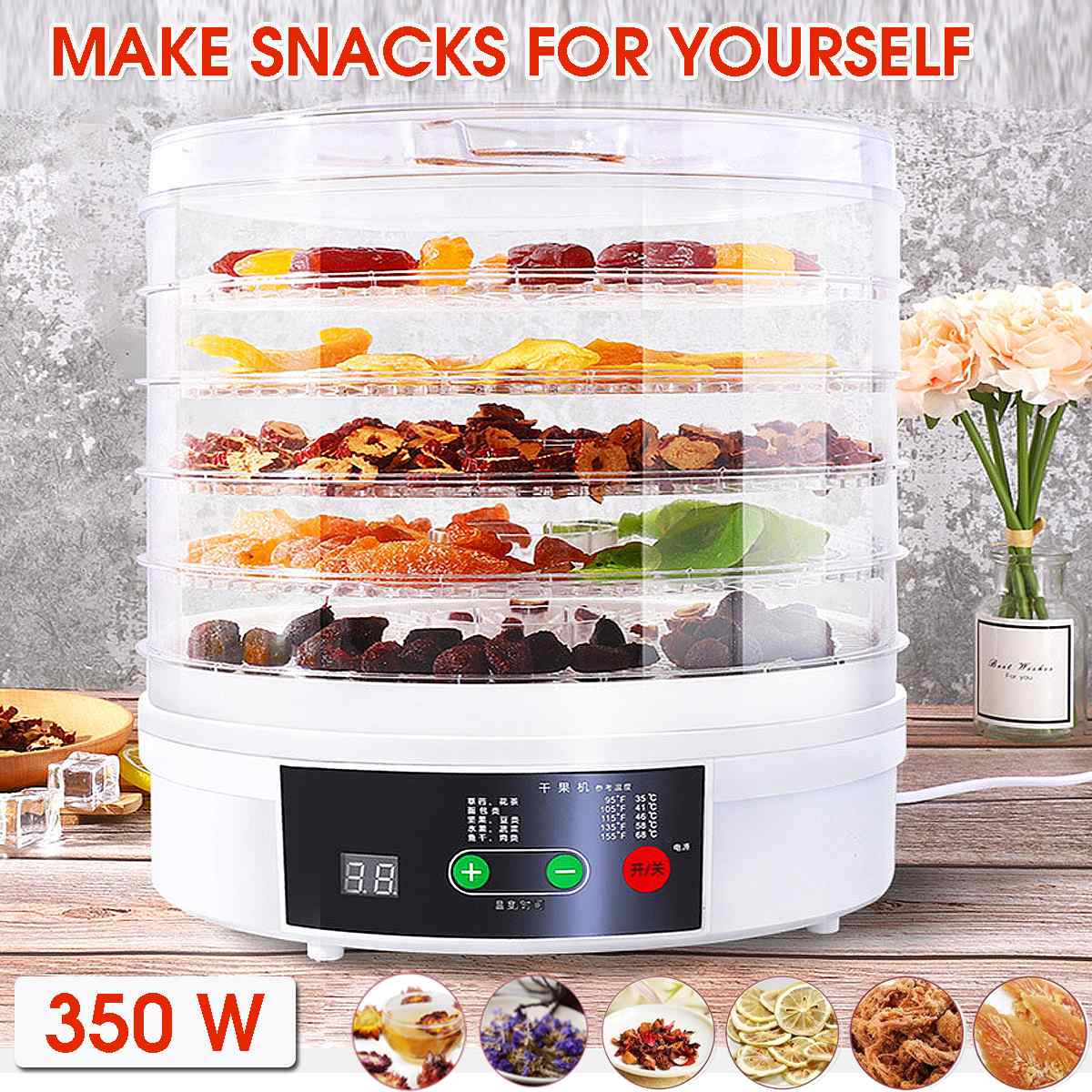Electric Food Dehydrator for Fruits and Vegetables 350W Temperature Adjustment 5 trays Snacks Air Dryer 110/220V