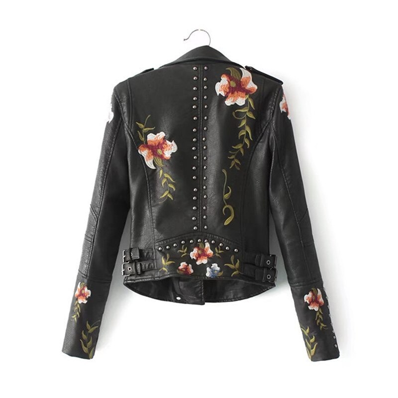 Euro Floral Embroidery Women Faux Leather Jacket Coat Lady Bomber Motorcycle Rivet Spliced Slim Short Jacket Outerwear
