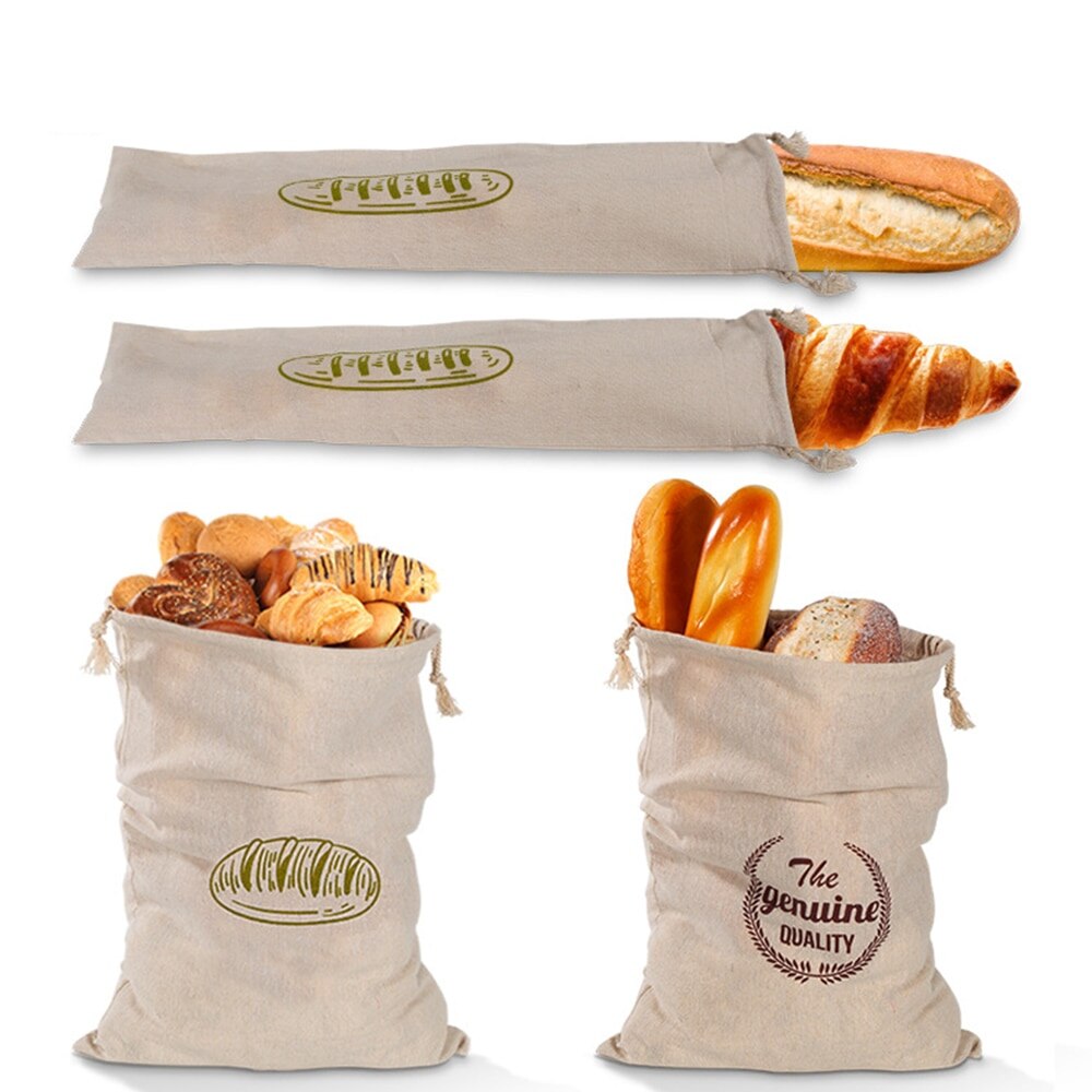 Linen Bread Bag Reusable Homemade Artisan Bread Storage Bag French Baguette Drawstring Bag Kitchen Storage: 4Pcs