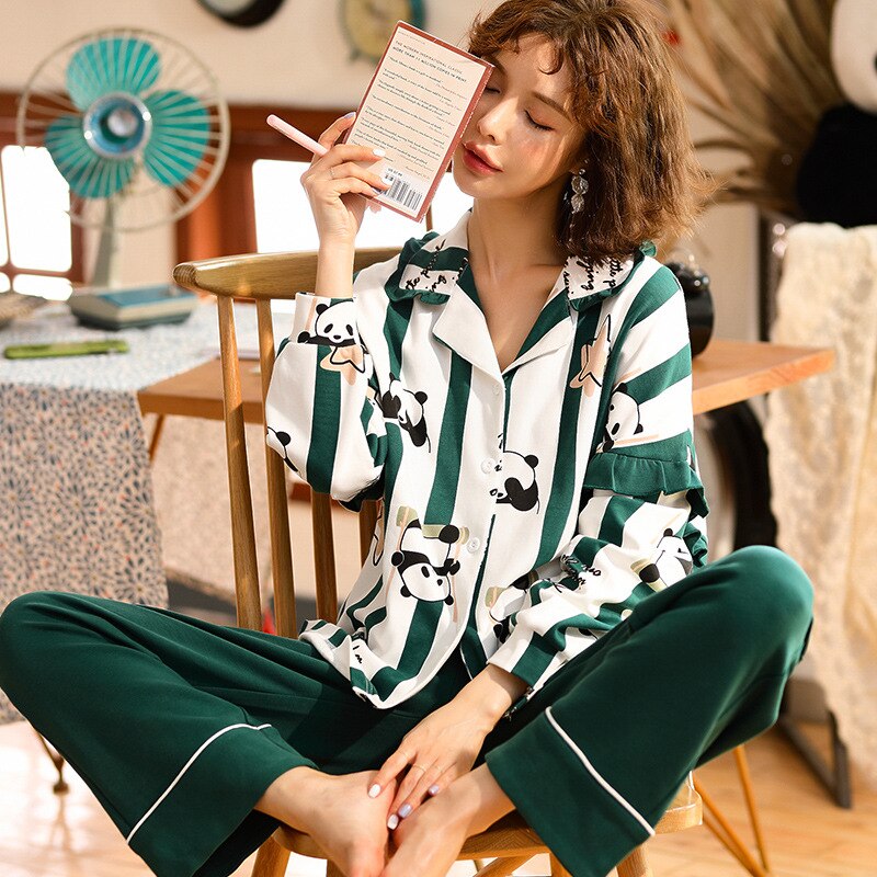 M-xxl kvinder pyjamas sæt sød panda tegneserie nattøj langærmet pyjamas løs pyjamas til kvinder efterår bomuld hjemmetøj plus str.
