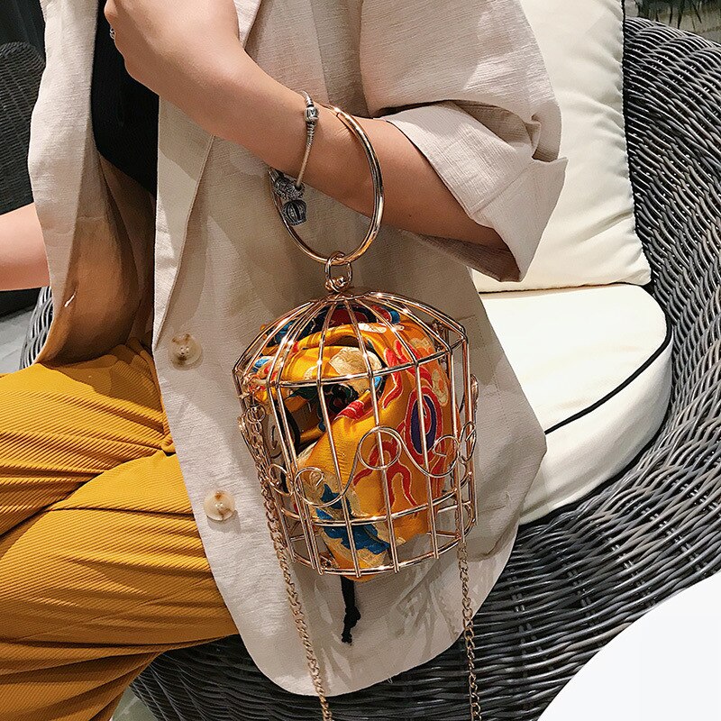 Women's Birdcage Evening Bag Clutch Metal Frame Embroidery Bucket Bird Cage Mini Totes Ladies Purses Female Gold Tassel Handbags