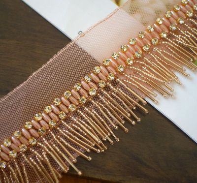 Tube en gaze maille de luxe à franges 5cm | tube de perles avec dentelle, perles, accessoires de bandeau pour vêtements décoratifs faits à la main, bricolage: dark pink