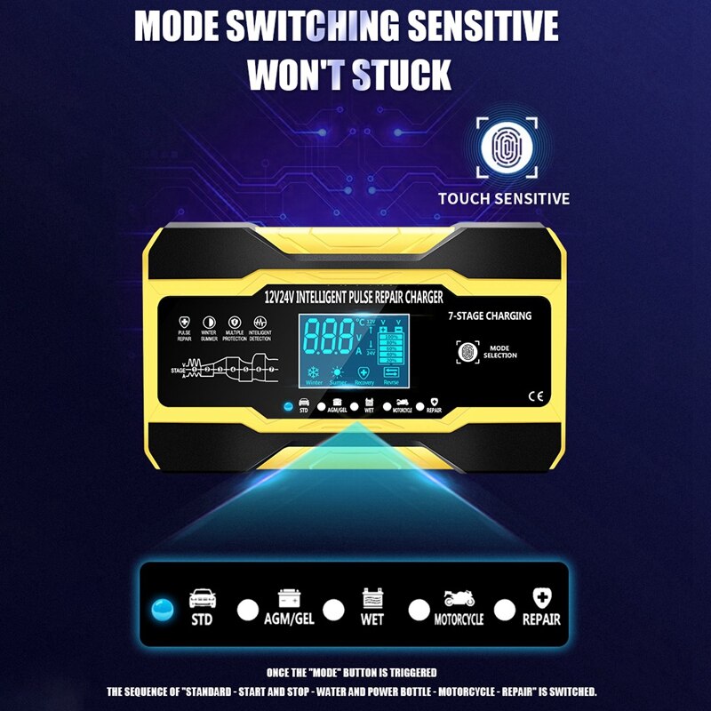 Chargeur intelligent automatique pour batterie de voiture, 12V/10a/24V/5a, avec écran LCD, pour réparation d'impulsions, pour voiture, bateau, SUV