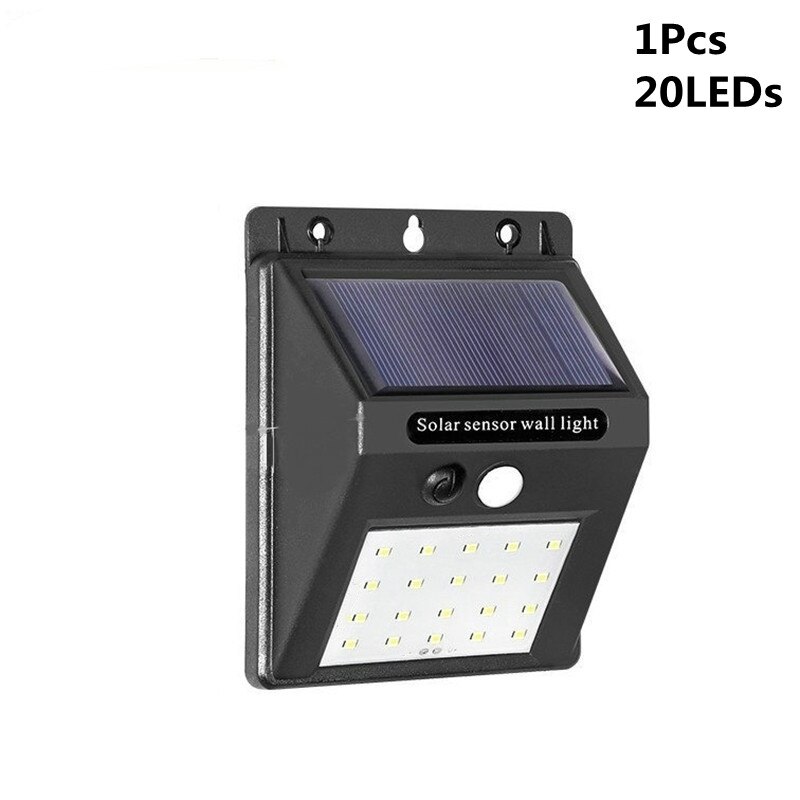 20/100/144 ledet solenergi ledet lys utendørs lampe pir bevegelsessensor vegglamper sconce vanntett solcelledrevet til hage gatelampe: 1 stk 20 lysdioder