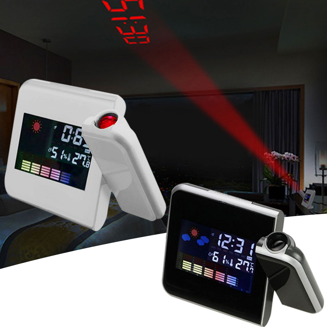 Reloj despertador Digital con proyector de techo, reloj despertador con termómetro de temperatura, indicador de fecha y calendario