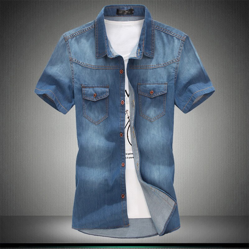 Plus Asiatische Größe L-5XL 6XL 7XL 8XL 100% Denim BAUMWOLLE Shirt Für Männer Kurzen Ärmeln Sommer Stil Lässig kleidung