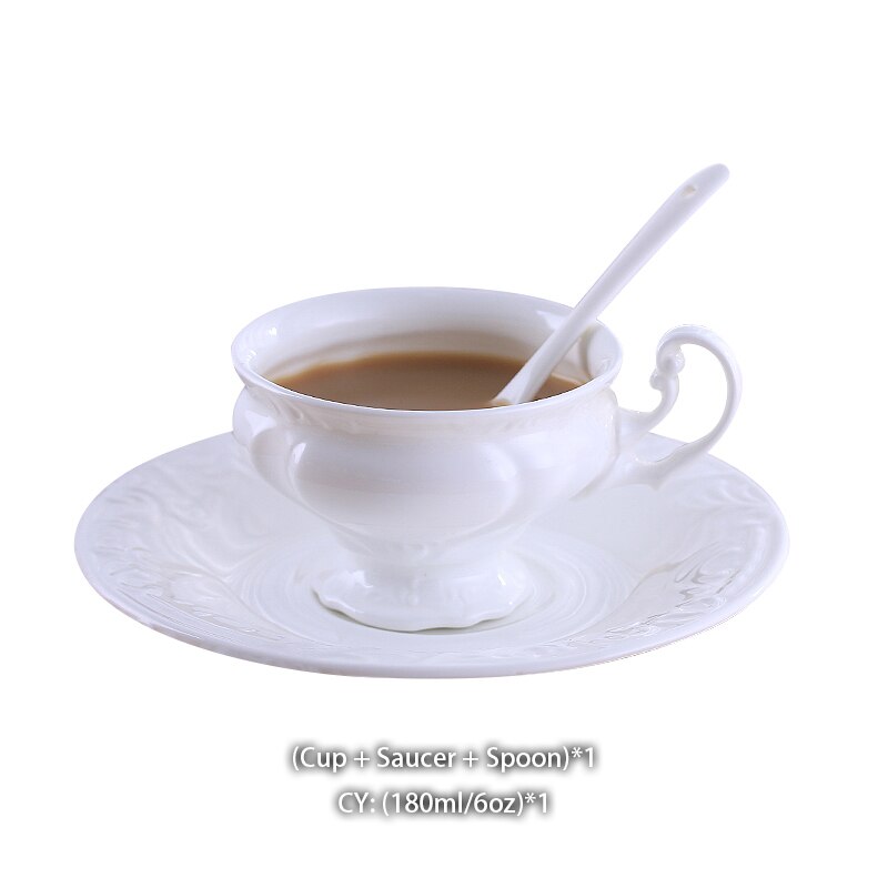 Carved bone china coffee cup dish Spoon Set 180ml simple ceramic tea cup simple white porcelain cup tea boat: Default Title