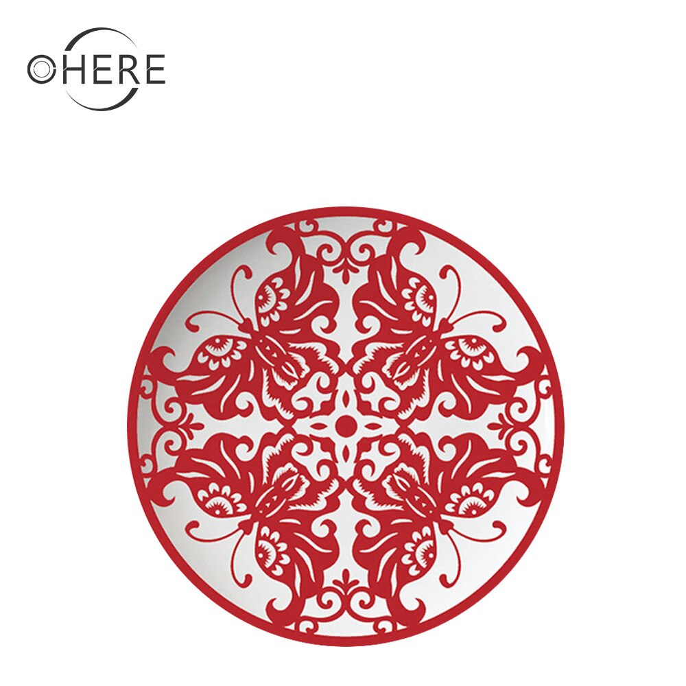 Chinese style red paper-cut pattern bone china tableware round plate set wedding festive dinner plate