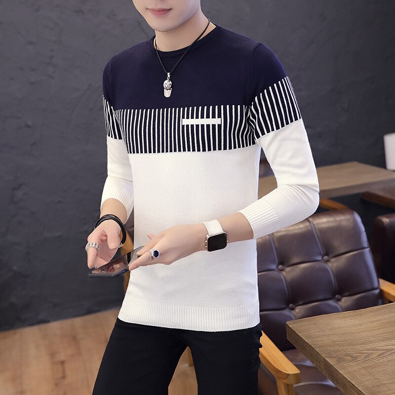 Mænd afslappet bomuldstrøje patchwork o-hals langærmet slim fit pullover efterår vinter strikket tøj dropshopping