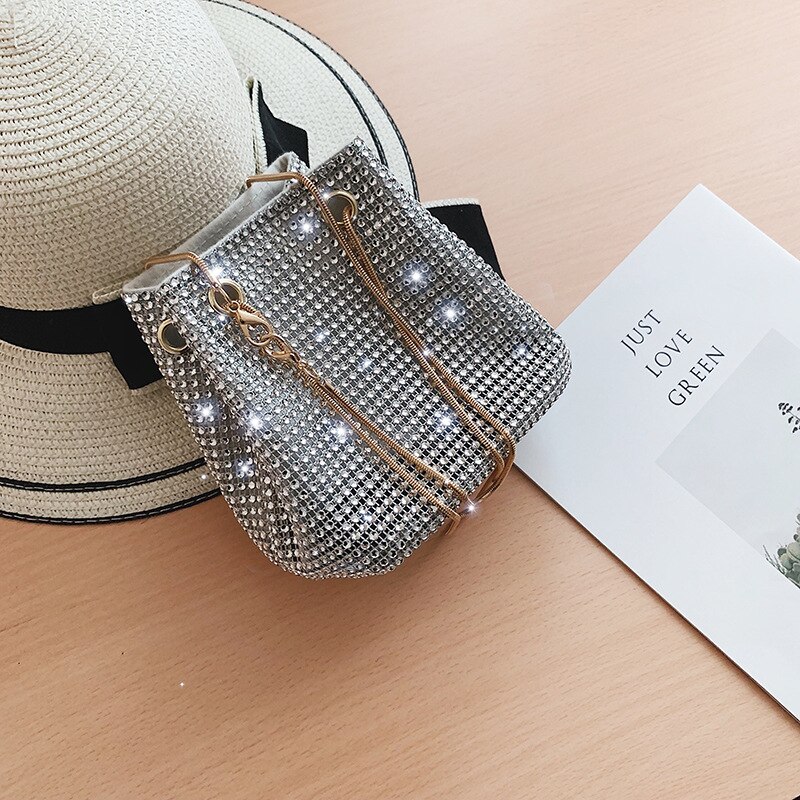 Ladies Feshion Women's Bag Shoulder Messenger Rhinestone Desiger Chain Bucket Cross Body Female Evening Bags: Silver