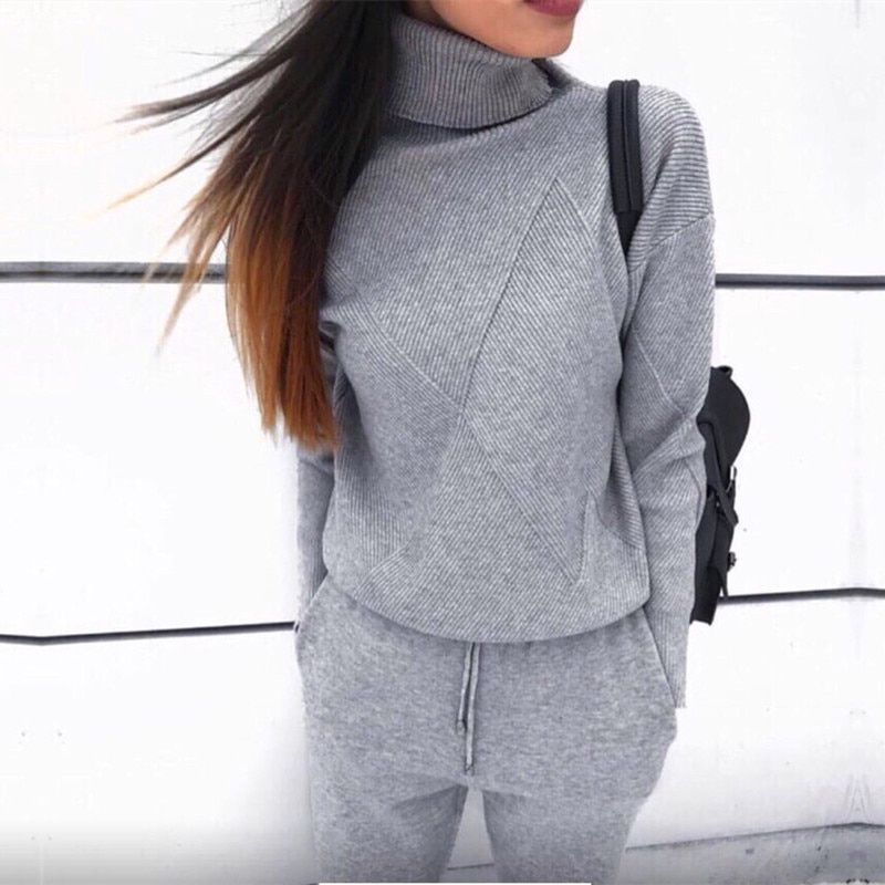 Vinterstrikket træningsdragt turtleneck sweatshirts afslappet dragt dametøj 2 stykke sæt strikbukse sportsdragt kvinde