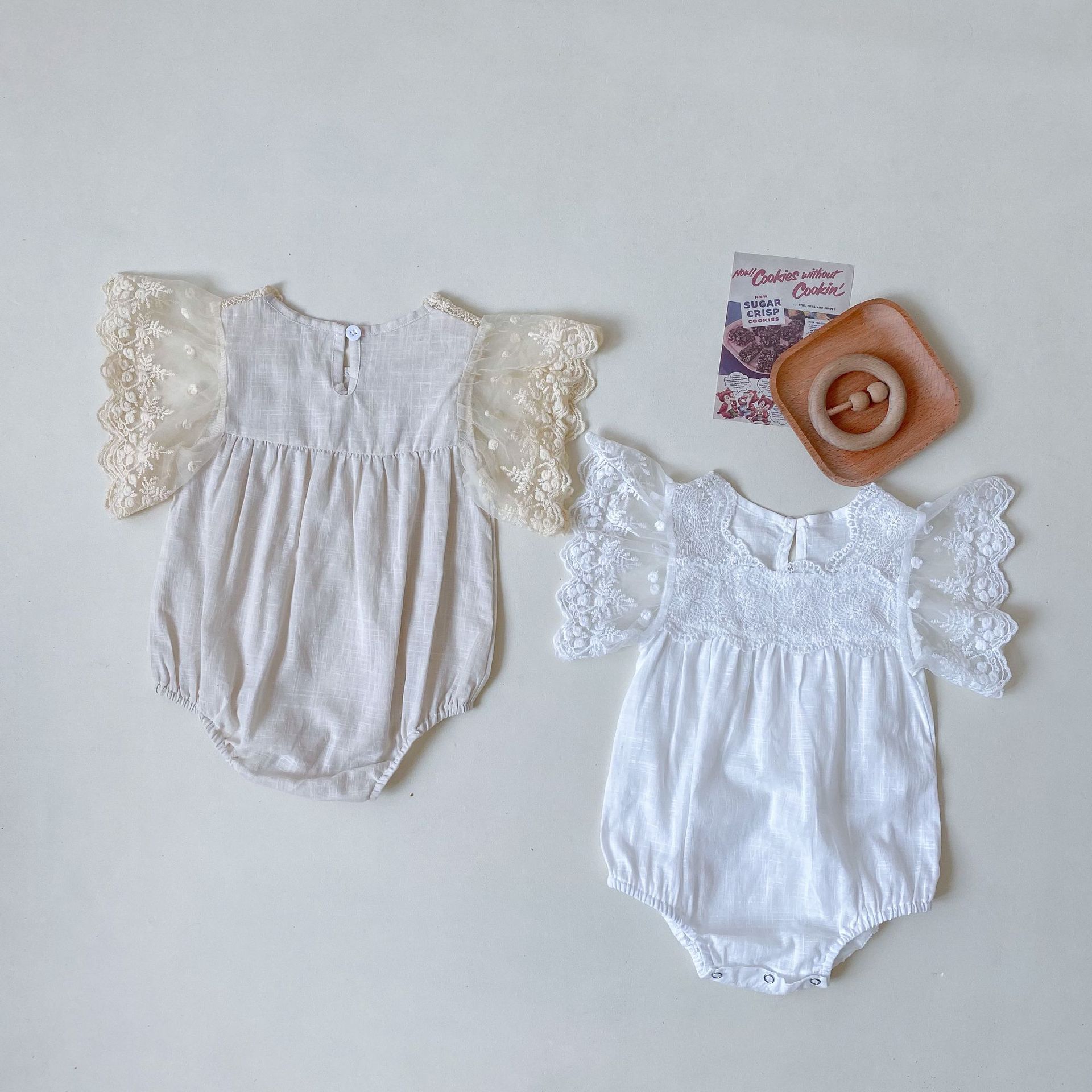Sweet Newborn Baby Girl Lace Hollow Out Flying Sleeves Jumpsuit Thin Cotton Girls Bodysuit One Piece Infant Outfits