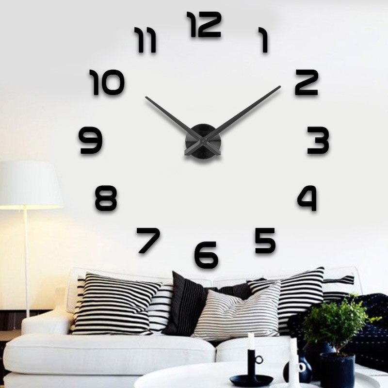 Grande horloge murale à Quartz 3D, grande horloge de cuisine décorative en acrylique, miroir autocollant surdimensionné, décoration de lettres pour la maison: Black / 47inch