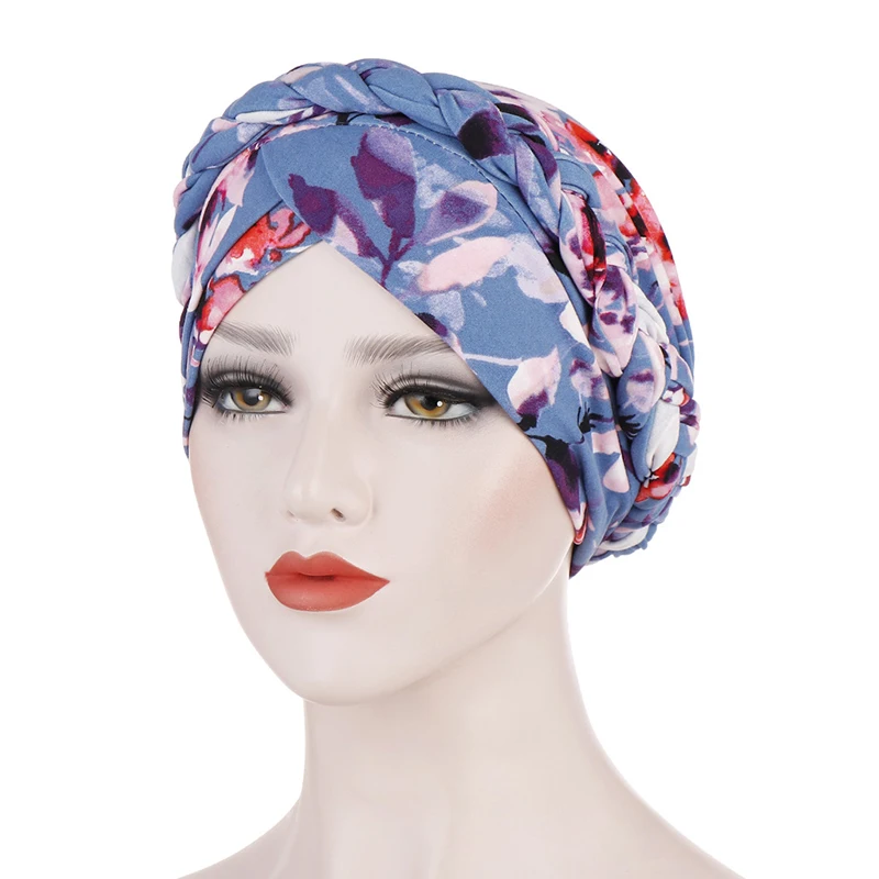 Flettede hijaber for kvinner korspann blomstertrykk muslimsk kvinne turban til fest islamsk hodeplagg elastisk hijab-lue: Marineblå