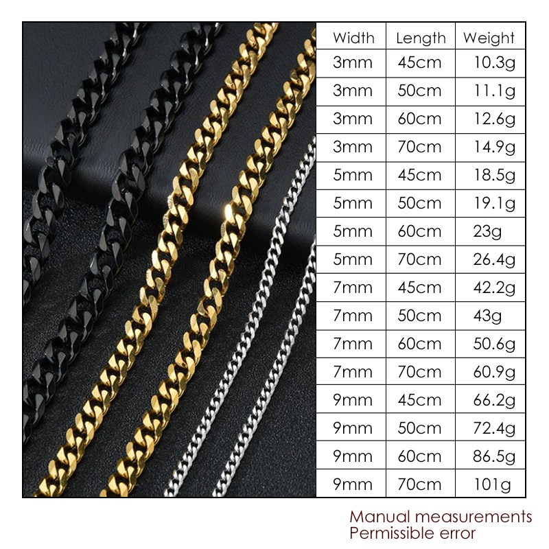 Collares para hombre, cadenas de eslabones cubanos de acero inoxidable para hombre, accesorios de joyería Hiphop Rock, varios tamaños 3mm-9mm C047