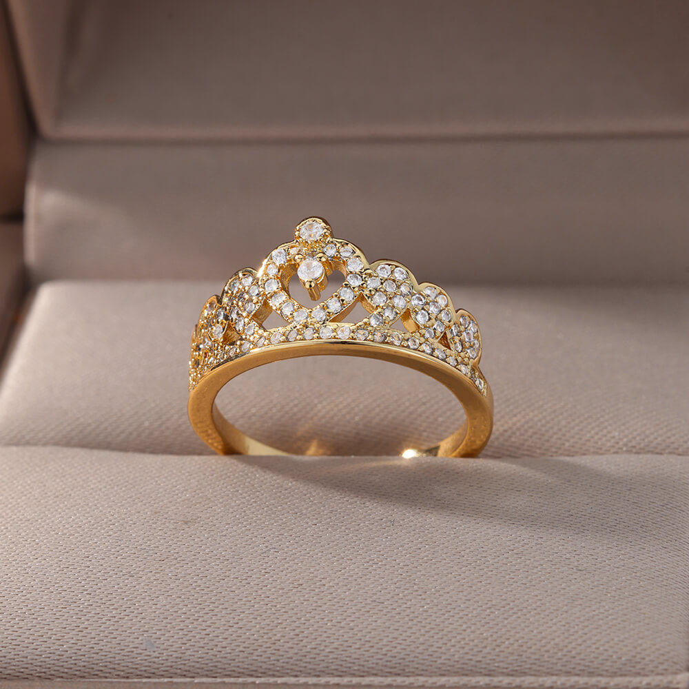Anillos de corona de circón para mujer, anillo abierto de corona de Color dorado de acero inoxidable Vintage, joyería estética de boda, , bisutería para mujer