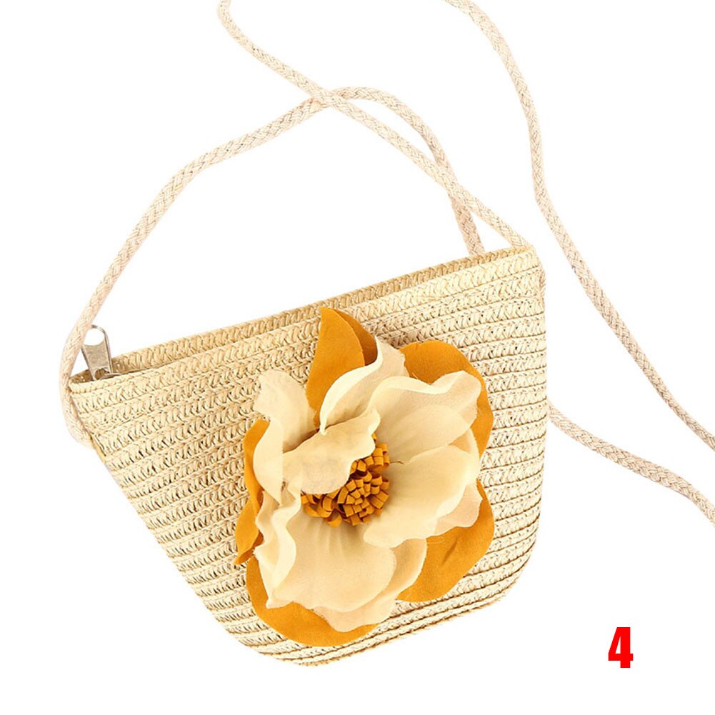 Women Girls Straw Sun Hat + Cute Flower Straw Shoulder Bag Set Summer Beach Kit -B5: 4