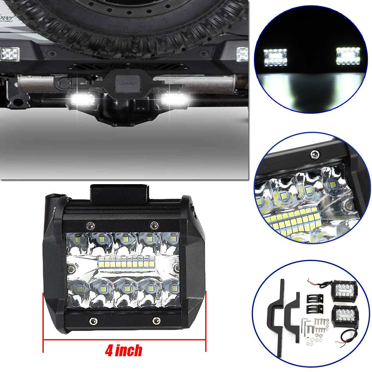 4 inch 8 LED Work Light Spot Flood Offroad Reverse Lights Bar with Trailer Tow Hitch Mount Bracket for Pickup Truck Van Camper