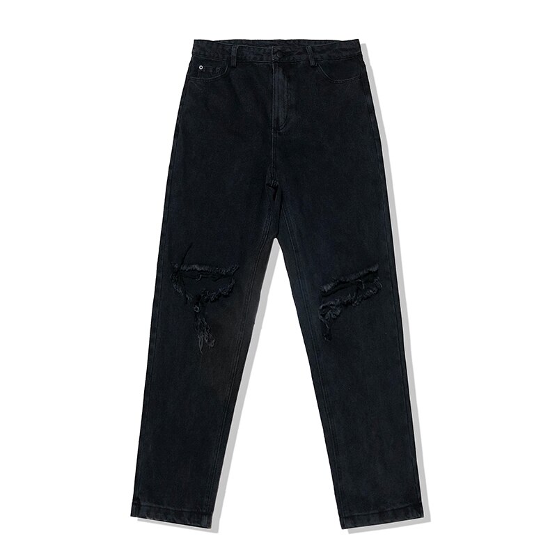Snygg koreansk stil herr vogue cowboyhål raka jeans svarta vardagsbyxor lösa jeansbyxor plus size m -2xl