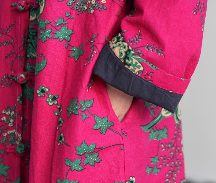 Vinter kvinder vintage broderi blomster trenchcoats kvindelige single breasted linned bomuldsfrakker