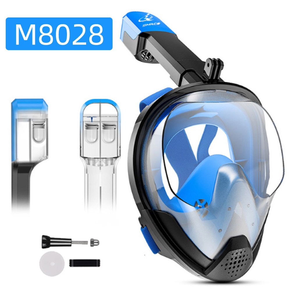 Máscara de buceo de cara completa, gafas antiniebla Scuba, máscara de natación de Snorkel de vista panorámica subacuática para adultos con soporte para cámara: M8028 Blue S M