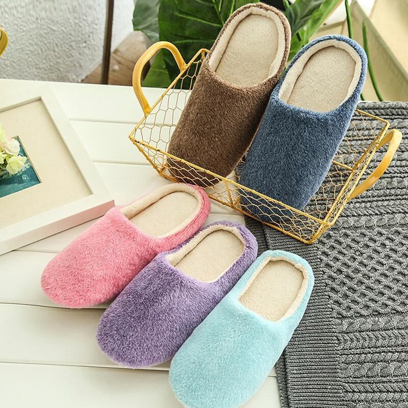 Winter Thuis Mannen En Vrouwen Effen Kleur Slippers Mode Paar Pluche Slippers Antislip Warm Binnenshuis Slaapkamer Vloer Schoenen