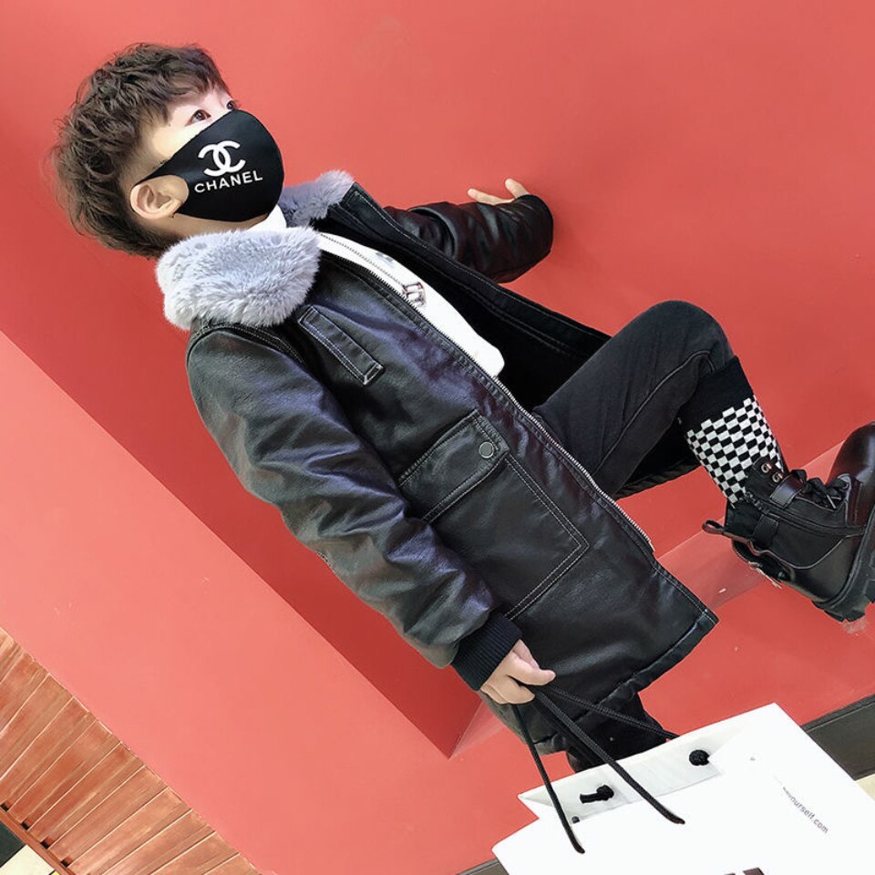 Kids Coats Boys Autumn Winter Black Color Jacket Coats Fur Collar Warm Faux Leather Thicken Outwear For 3 4 6 8 10 12 14Yrs