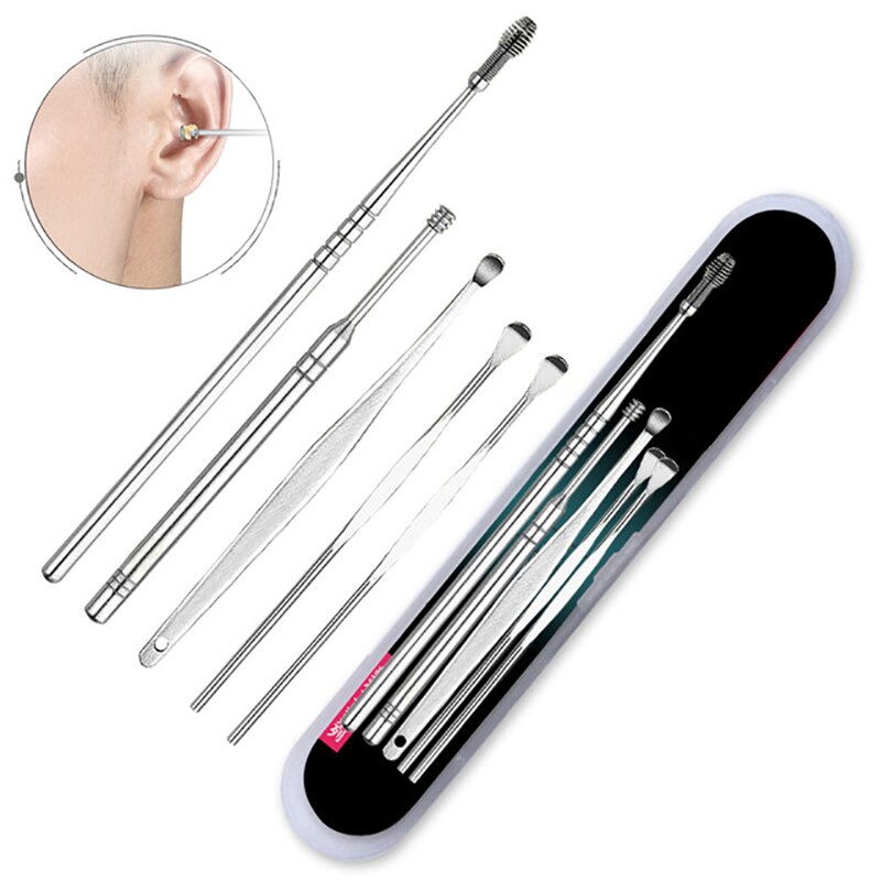 5 stks/set Rvs Ear Wax Remover Spiraal Oor Pick-eye Oren Earpick Lepel Oor Tikken Clean Tool