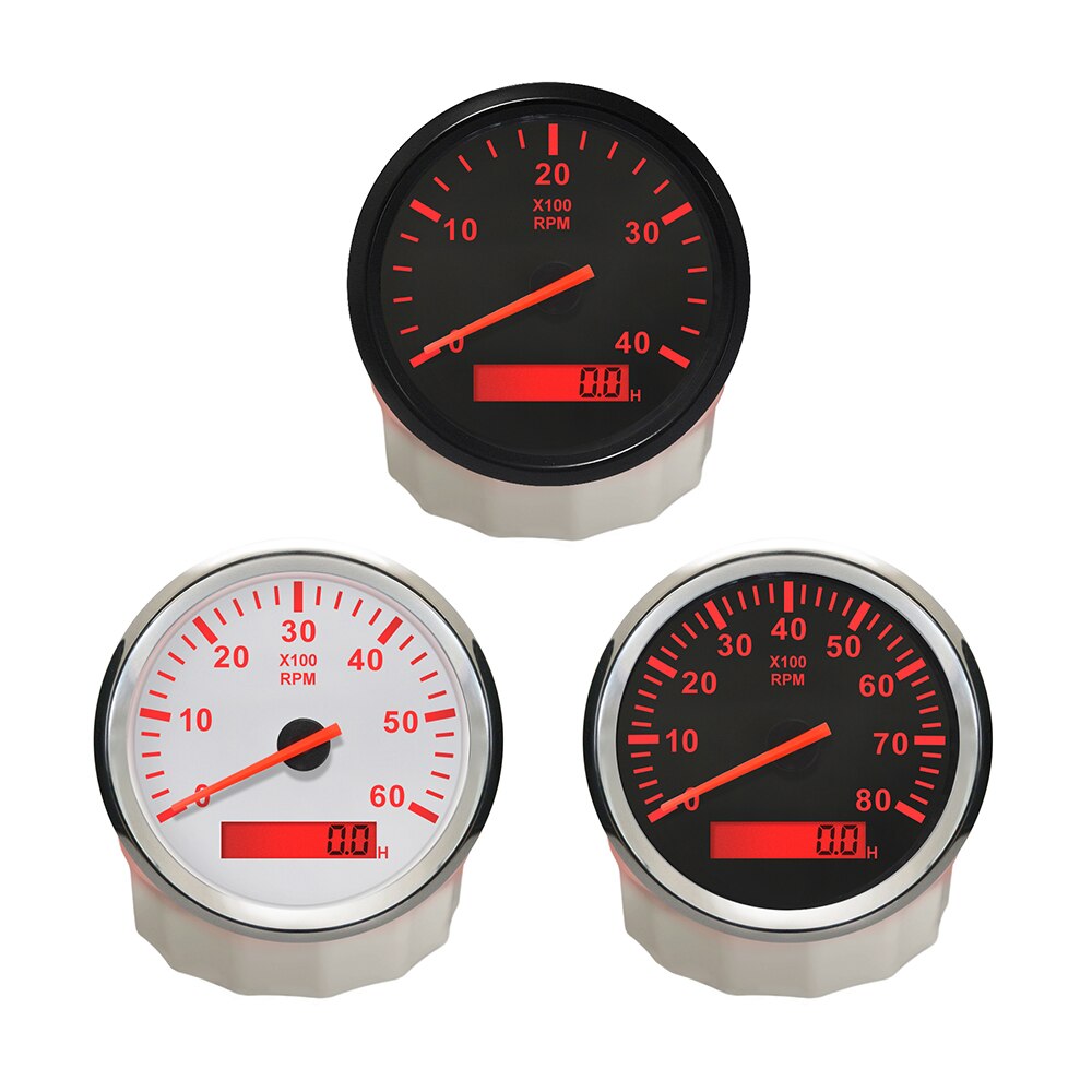 Universal Tachometer 85mm Car Boat Tacho Sensor Marine with Hourmeter 3000 4000 6000 8000 RPM Tachometer 12V/24V Red Backlight