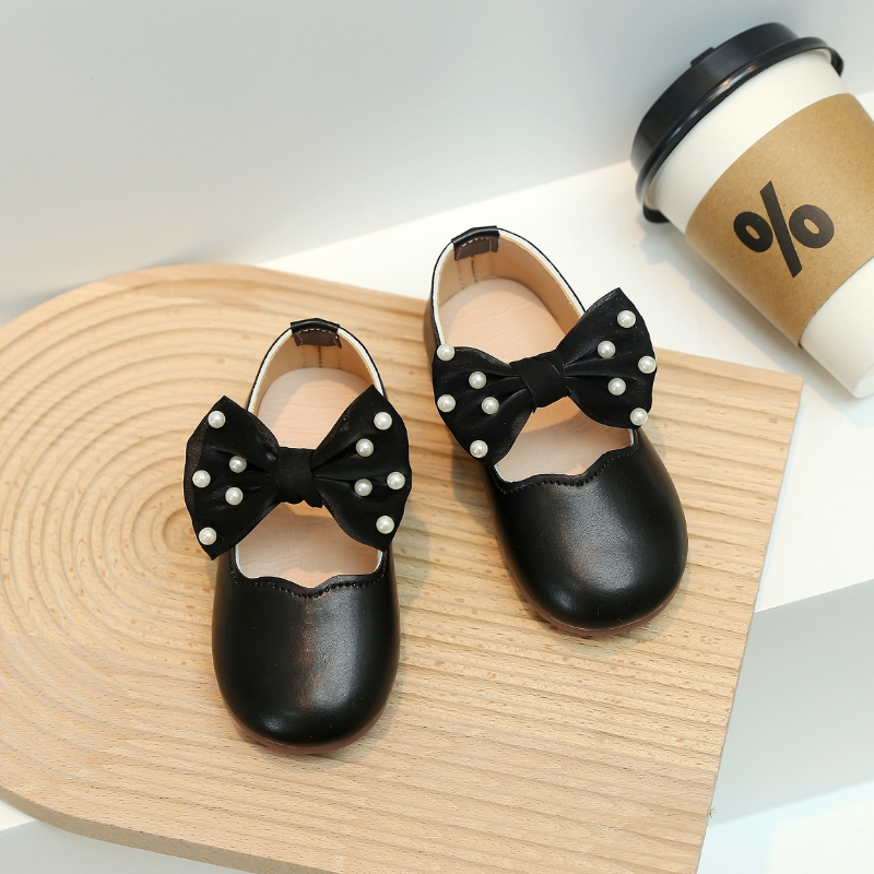 Children Mary Janes Beading Ribbon Black Beige Girl's Princess Shoes Shallow Flexiable Kids Flat Shoe 21-30: black / 30