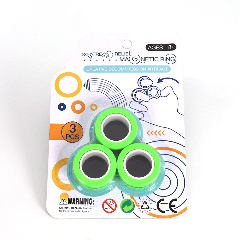 Magnetic Rings Fidget Toys, Fidget Spinner Stress Relief Rings Props, Colorful fingers magnetic rings: blister card green