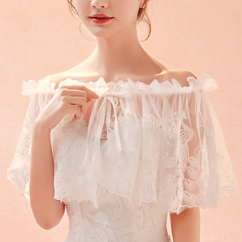 Ivory Women Tulle Wedding Bridal Stole Sheer Lace Ruffle Off the Shoulder Wrap Simple Formal Shawl with Ribbon