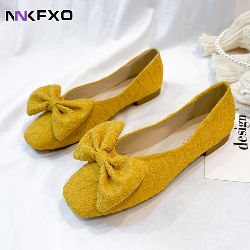 Chaussures plates en cuir avec nœud papillon pour femmes, ballerines de fête à bout carré, taille 35-40, peu profondes, vc2627