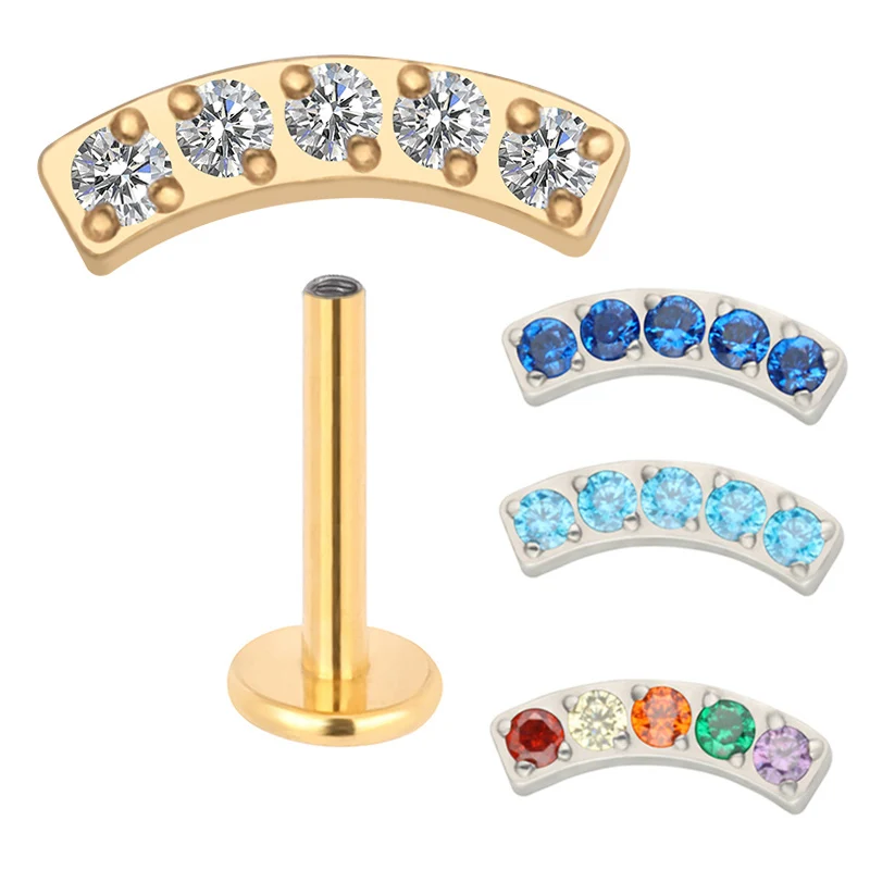Pendientes de barra curva PIERC de titanio G23, 5 CZ pavimentados, cartílago superior roscado, Labret Stud, Tragus, labio, anillo, joyería para Piercing corporal
