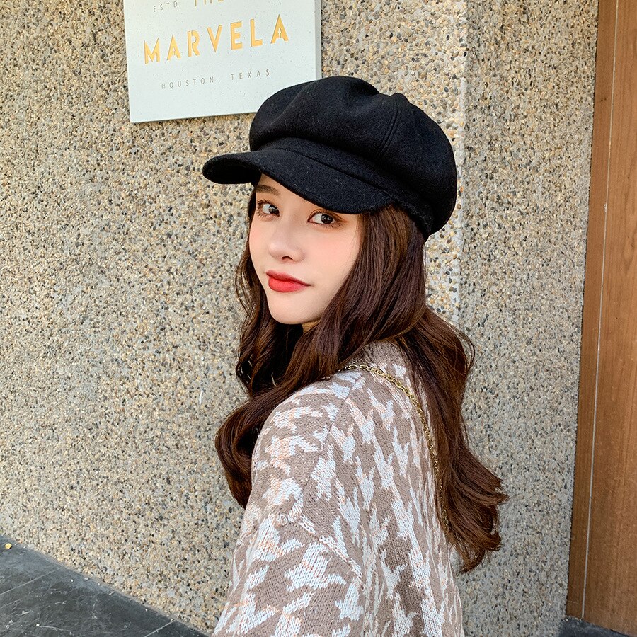 YQYXCY Winter Hats For Women Thickened Warm Beret Octagonal Hat Female Retro Painter Cap Solid Color Newsboy Cap Gorras Korean: black