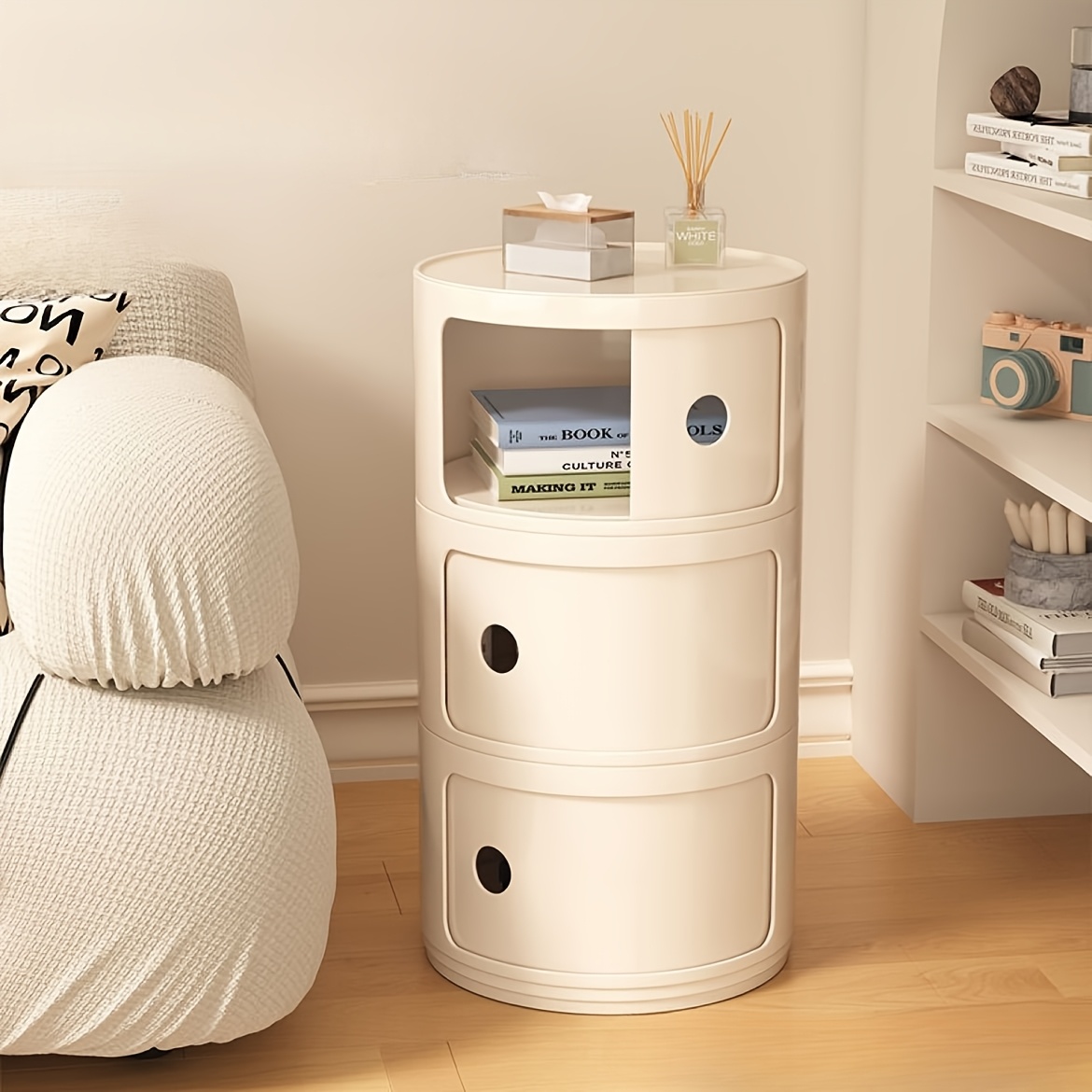 Armoire ronde avec portes coulissantes – Unité de rangement ronde à plusieurs niveaux pour salon et chambre à coucher: Gris clair