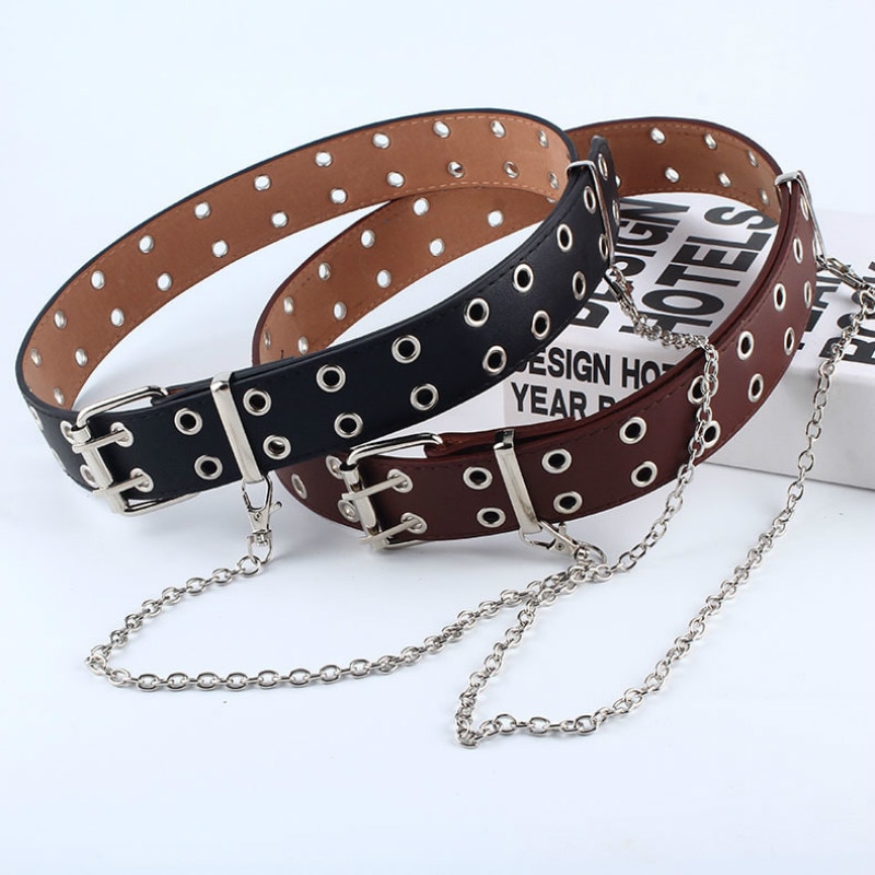 Harajuku Women Punk Chain Belt Adjustable Black Double/Single Eyelet Grommet Metal Buckle Leather Waistband For Jeans
