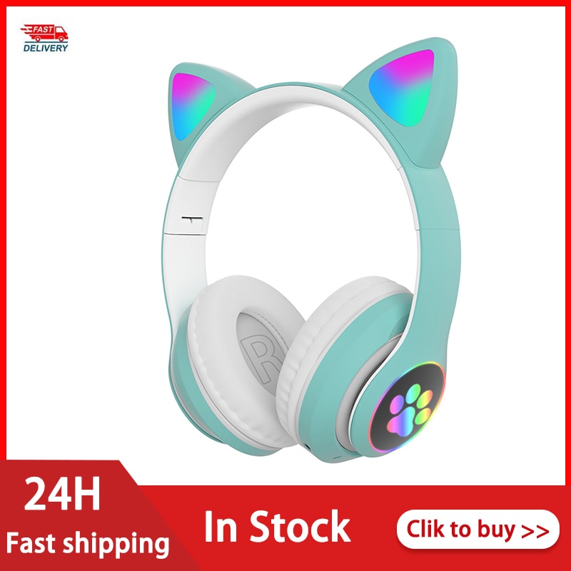 Cute Cat Ear Bluetooth Headphones - Kids Wireless RGB Headphones with Microphone