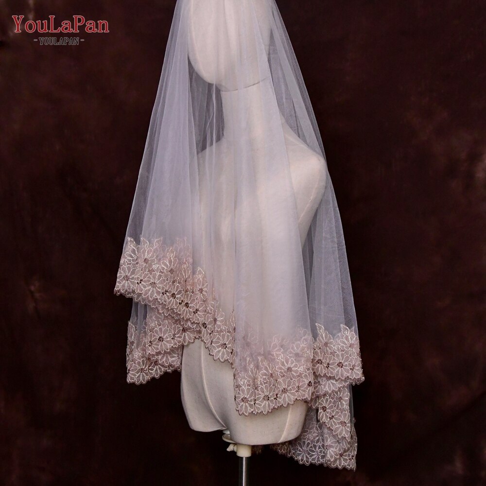 YouLaPan-velos de novia con bordes bordados V59, velo de novia con Colorete, sin peine, velo de niña de flores, velo de novia blanco marfil