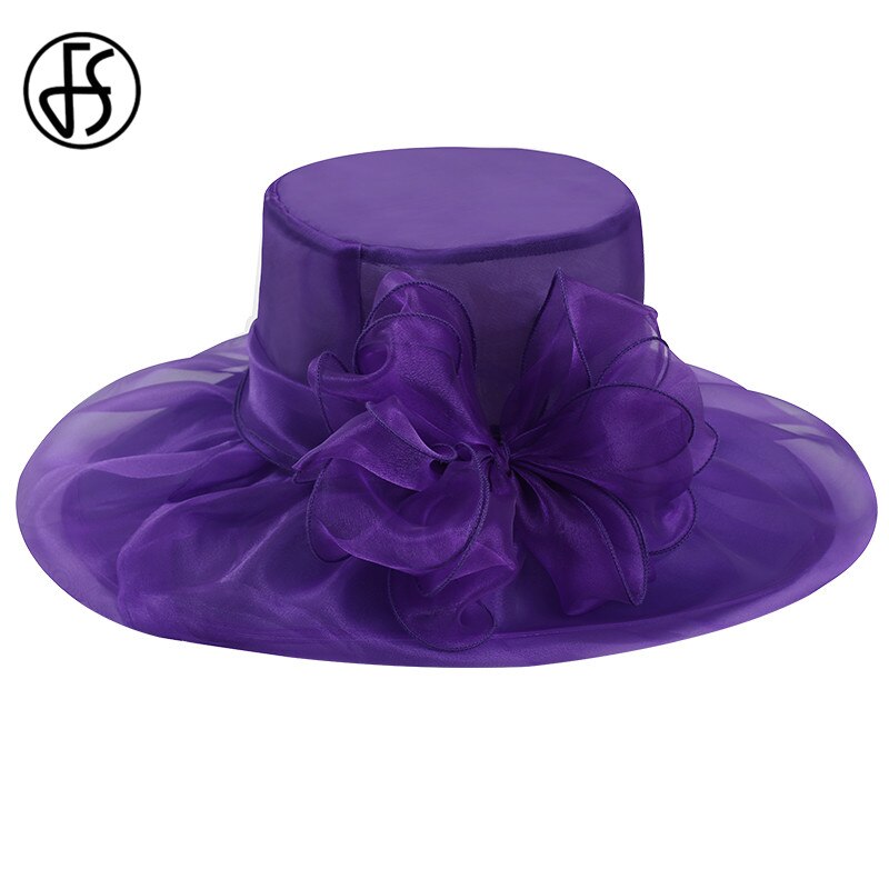 Sombreros de Organza de ala ancha para mujer, sombreros para la Iglesia, sombreros para el sol con flores grandes, plegables, color blanco y rosa, color púrpura